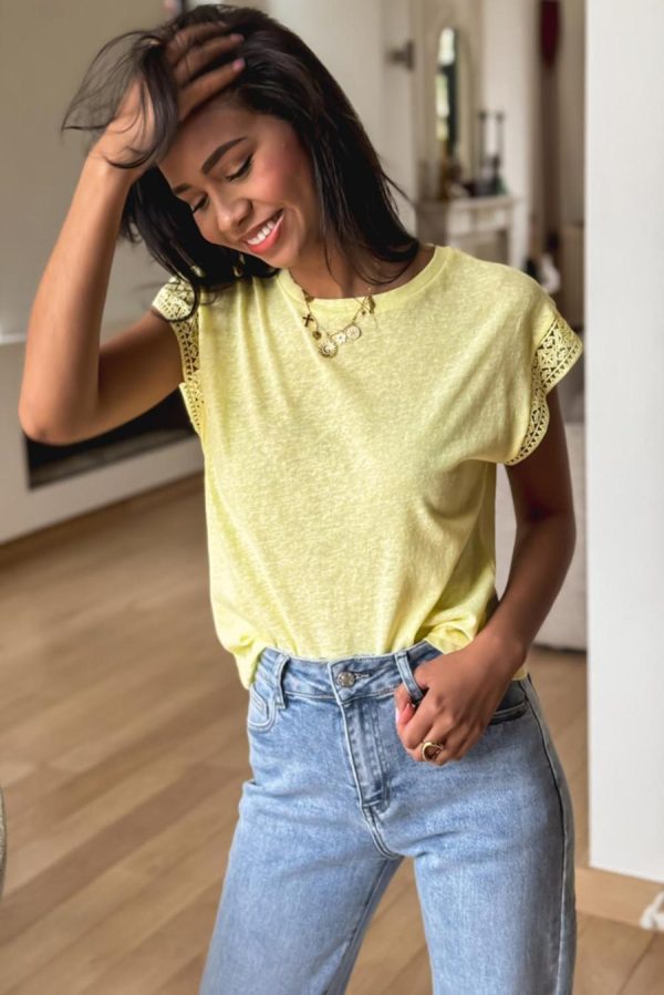 T Shirts | Yellow Cream Lace Patchwork Cap Sleeve Round Neck Top - Women - Image 4