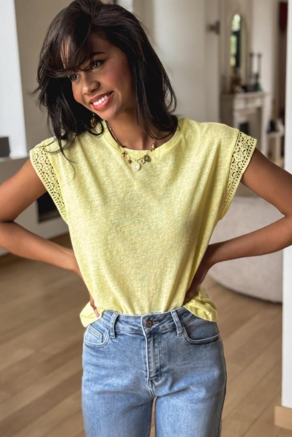 T Shirts | Yellow Cream Lace Patchwork Cap Sleeve Round Neck Top - Women - Image 5