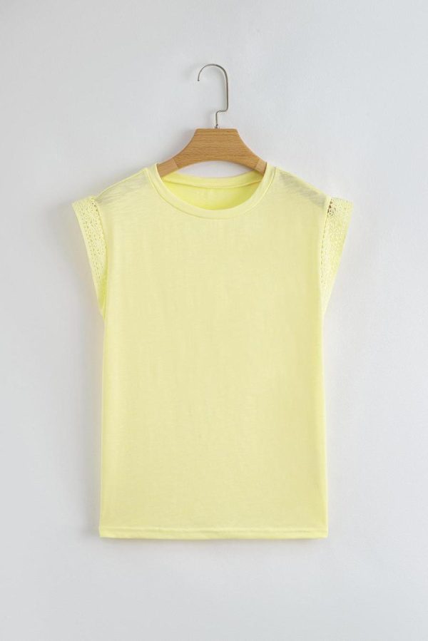T Shirts | Yellow Cream Lace Patchwork Cap Sleeve Round Neck Top - Women - Image 6