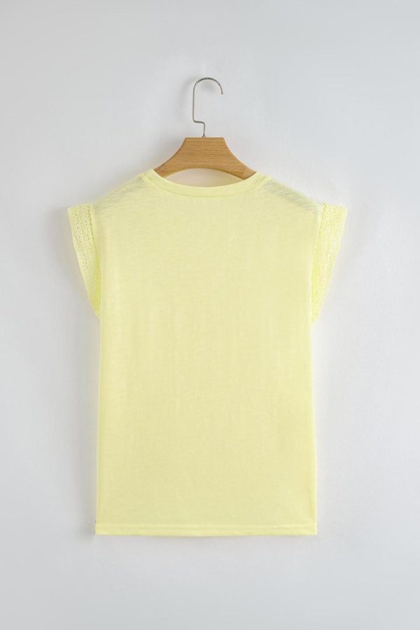 T Shirts | Yellow Cream Lace Patchwork Cap Sleeve Round Neck Top - Women - Image 7