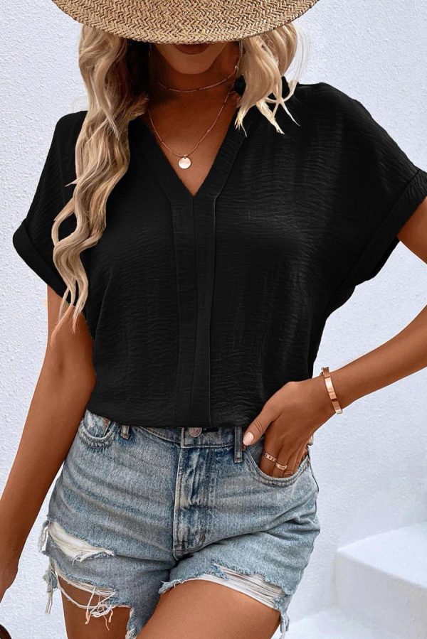 Blouses | Black Notched Neck Batwing Sleeve Blouse - Women - Image 2