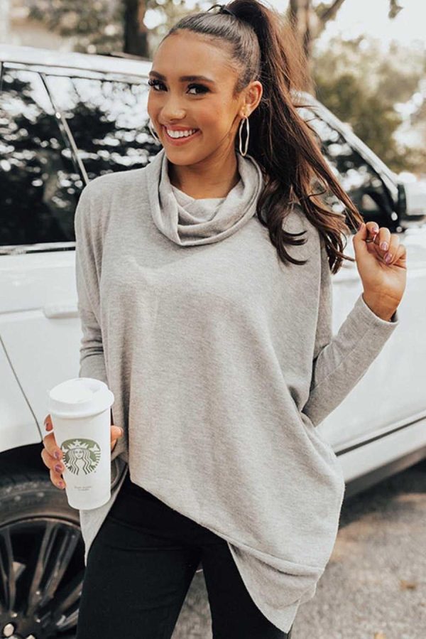 Long Sleeve Tops | Gray Cowl Neck Loose Fit Tunic Top - Women